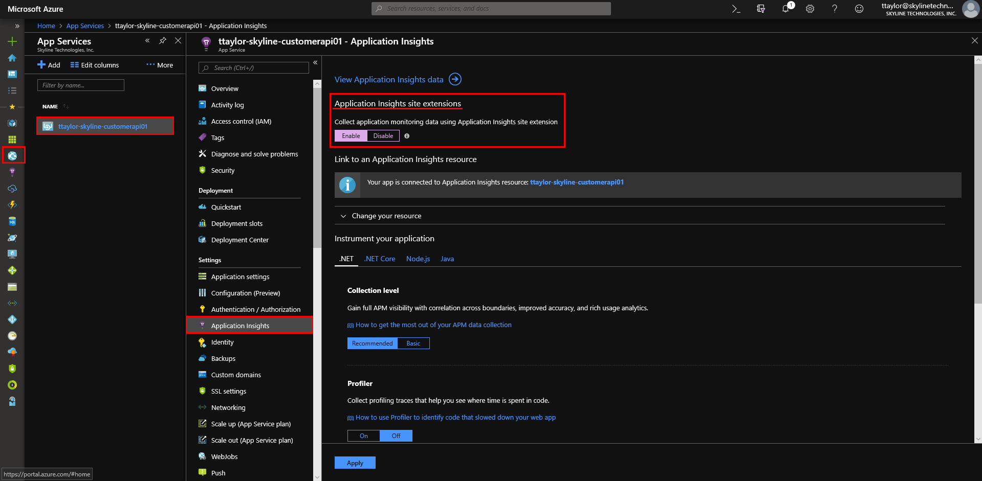 azure app services application insights setup