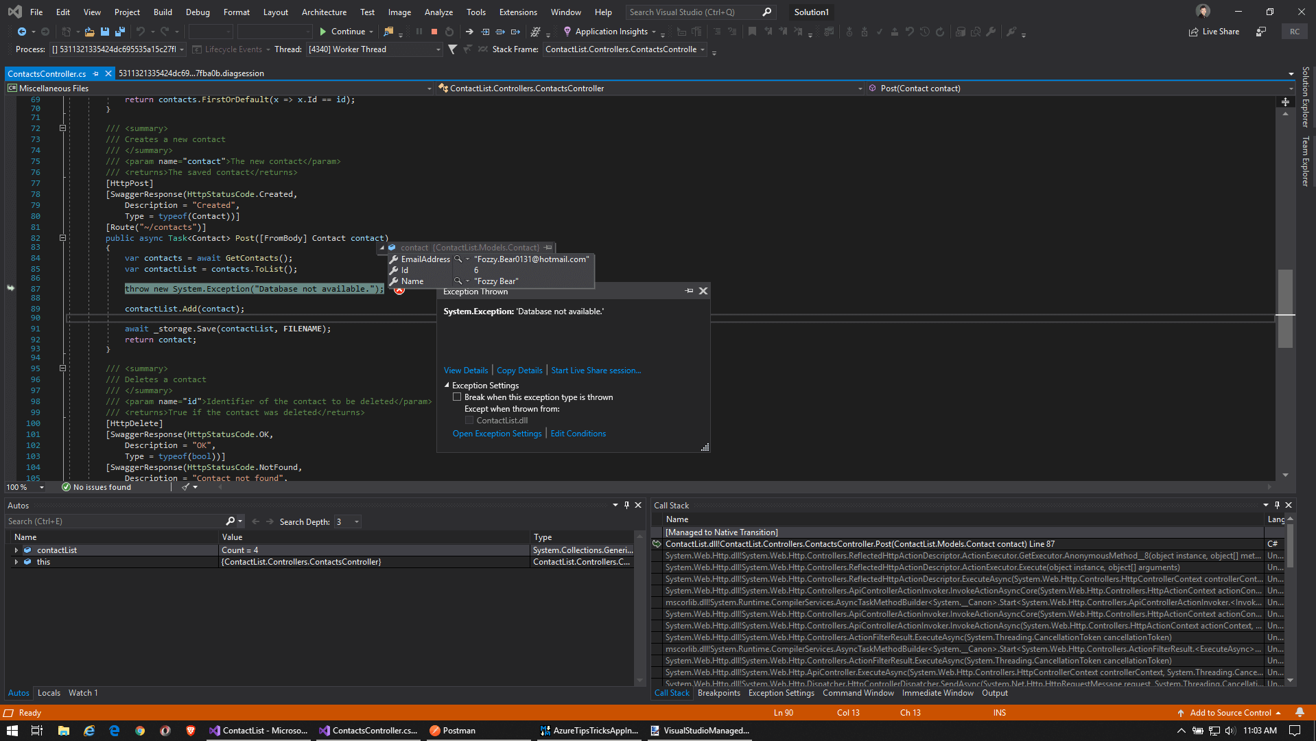 microsoft visual studio managed code exception