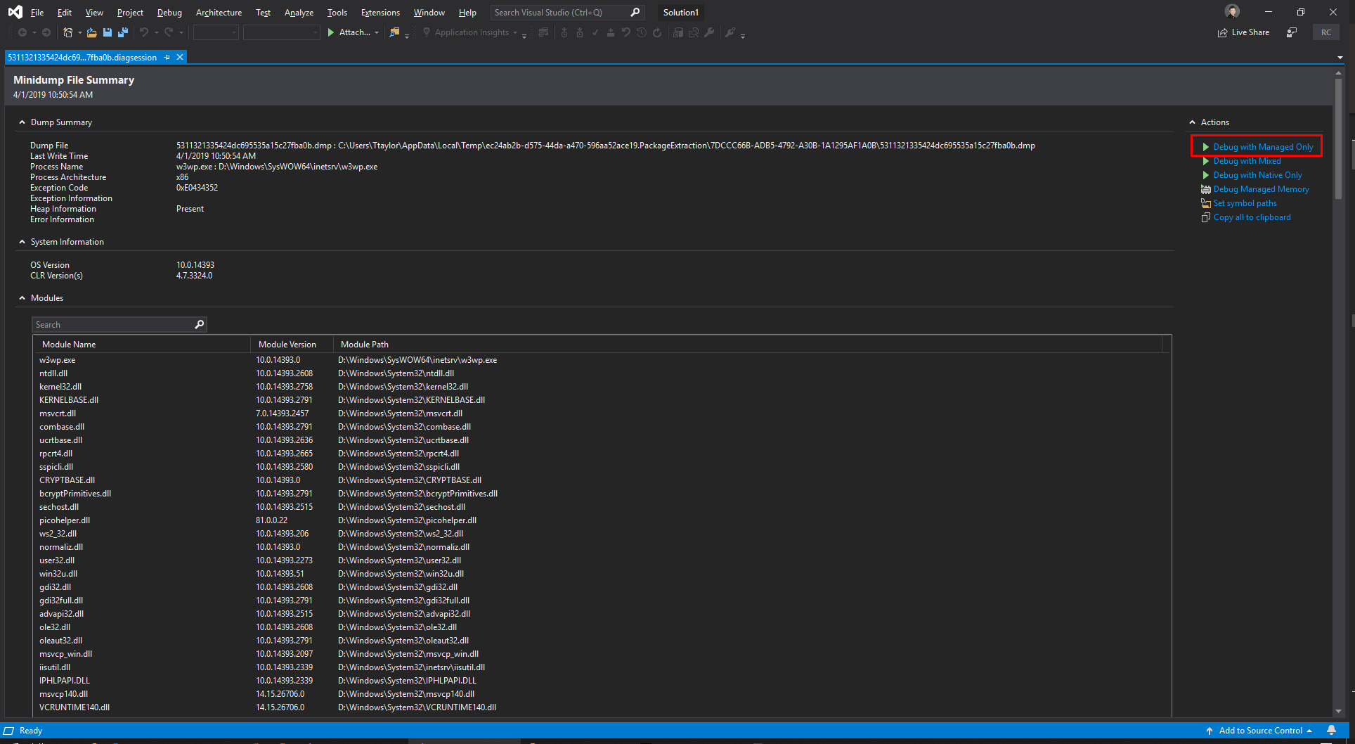 microsoft visual studio minidump summary