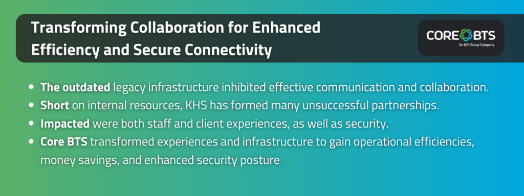 Key Takeaways:

The outdated legacy infrastructure inhibited effective communication and collaboration.
Short on internal resources, KHS has formed many unsuccessful partnerships.
Impacted were both staff and client experiences, as well as security.
Core BTS transformed experiences and infrastructure to gain operational efficiencies, money savings, and enhanced security posture.
