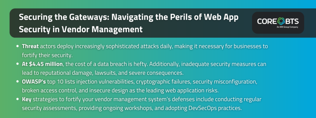Key takeaways:

Threat actors deploy increasingly sophisticated attacks daily, making it necessary for businesses to fortify their security.
At $4.45 million, the cost of a data breach is hefty. Additionally, inadequate security measures can lead to reputational damage, lawsuits, and severe consequences.
OWASP's top 10 lists injection vulnerabilities, cryptographic failures, security misconfiguration, broken access control, and insecure design as the leading web application risks.
Key strategies to fortify your vendor management system’s defenses include conducting regular security assessments, providing ongoing workshops, and adopting DevSecOps practices.
