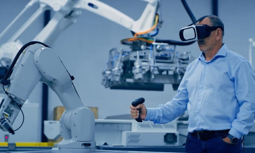 Man guiding a robot using a Virtual Reality controller.