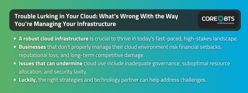 Key Takeaways:

A robust cloud infrastructure is crucial to thrive in today’s fast-paced, high-stakes landscape.
Businesses that don’t properly manage their cloud environment risk financial setbacks, reputational loss, and long-term competitive damage.
Issues that can undermine cloud use include inadequate governance, suboptimal resource allocation, and security laxity.
Luckily, the right strategies and technology partner can help address challenges.

