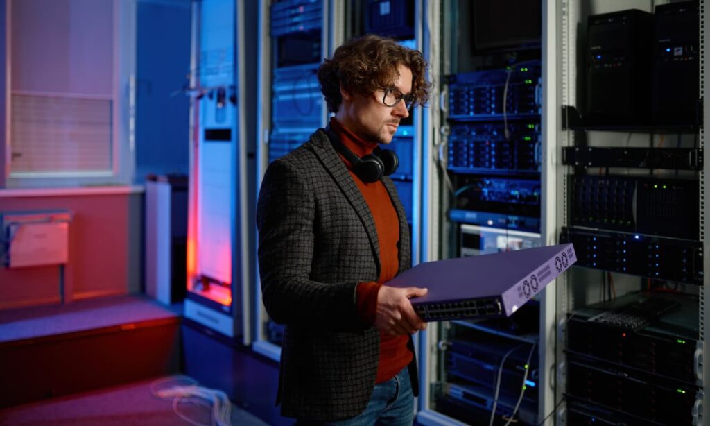 Man working with data on an on-premises server